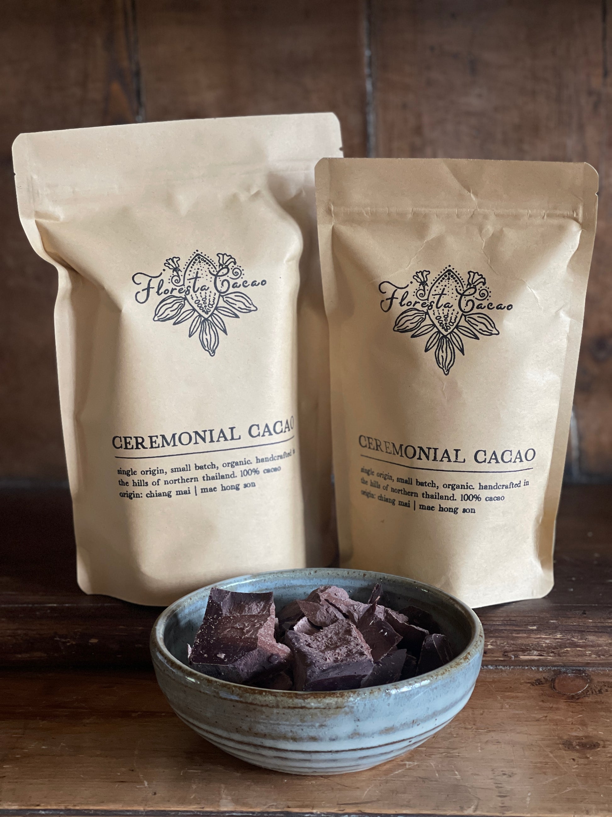 Floresta Cacao ceremonial cacao packaging, toasted single-origin cacao from northern Thailand.