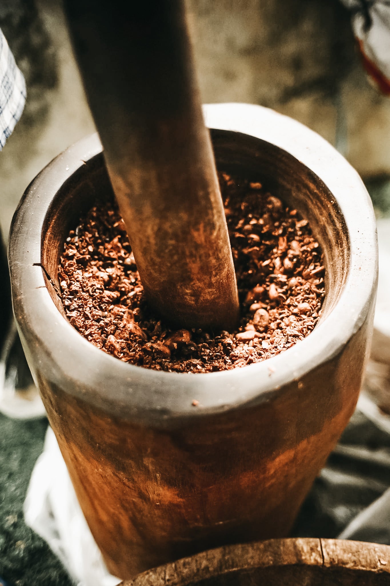 Cacao beans fermenting in an antique teak barrel during traditional cacao processing
